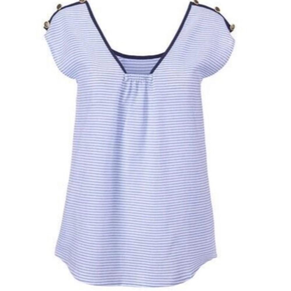 Cabi Windward Top Nautical Stripe Linen Blend Cap Sleeve Blue Blouse Sz Medium